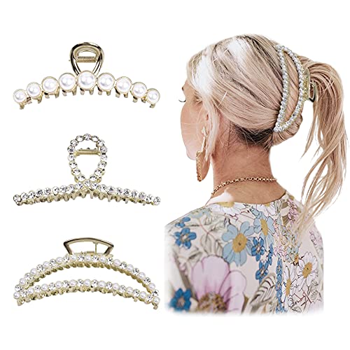 Large Metal Pearl Hair Claw Clips  Gold Rhinestones for Women & Girls