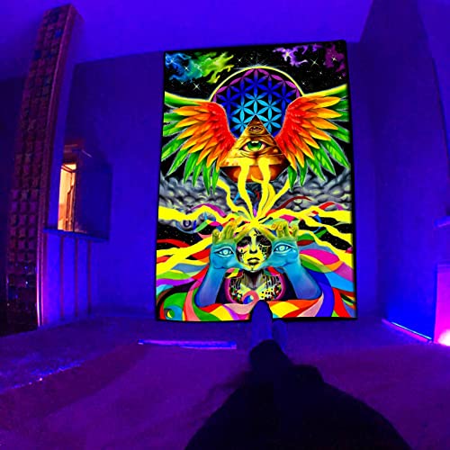 All-seeing eye fluorescent tapestry, omniscient eye, aurora color timberwolf blacklight tapestry,