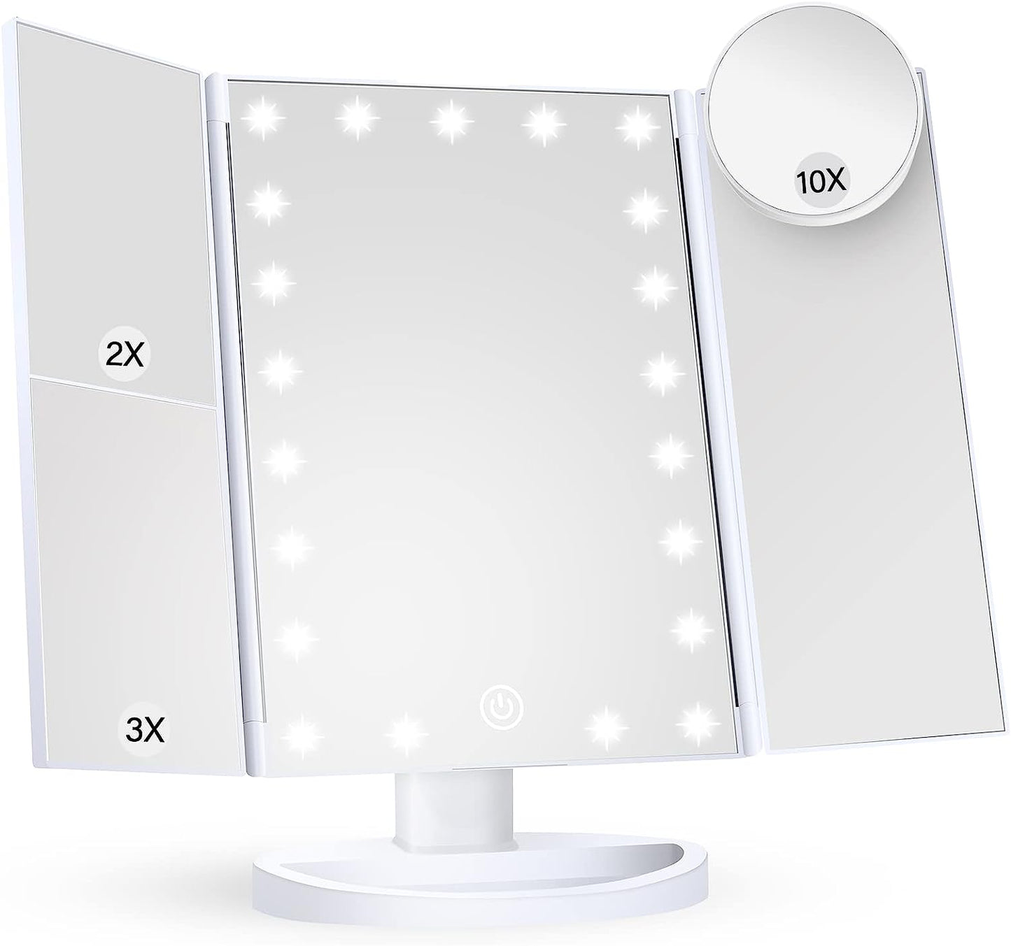 Makeup Mirror Vanity Mirror with Lights, 2X 3X 10X Magnification,  Touch Control, Trifold Makeup Mirror, Dual Power Supply, Portable LED Makeup Mirror, Women Gift (White)