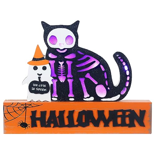 Halloween Decorations Indoor, Large Decorative HALLOWEEN Wood Sign with Ghosts and Spooky Cat