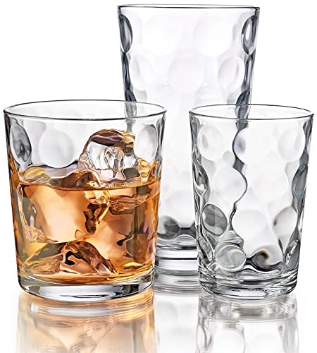 12 Piece Glass Cups Set 4 Highball Glasses(17 oz.) 4 Rocks Glasses(13 oz.) 4 Juice Glasses(7 oz.)