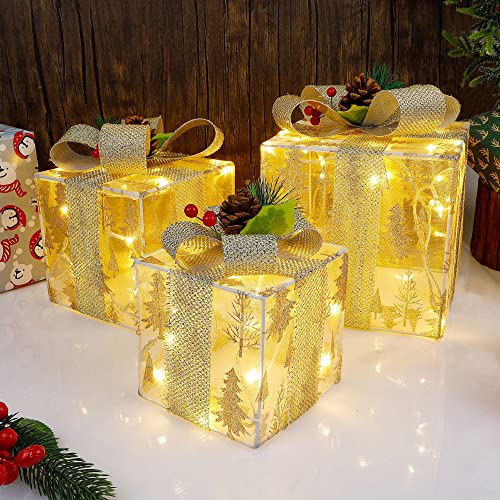 Twinkle Star Set of 3 Christmas Lighted Pop Up Gift Boxes Decorations, Tinsel Present Box, Pre-lit 60 LED Light