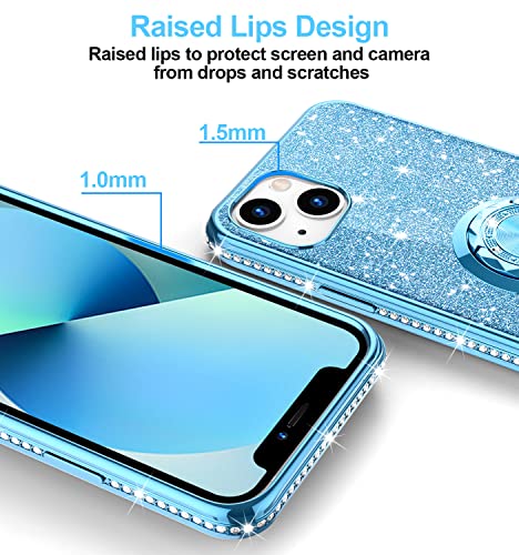 Phone Case for iPhone 13, Glitter Protective Case w/ 360 Degree Ring Stand