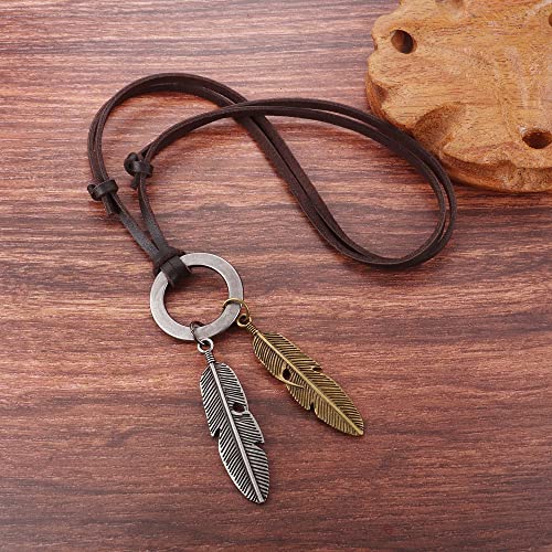 5 Pcs Leather Tribal Wolf Tooth Feather Pendant Sweater Chain Statement Necklace for Men Women