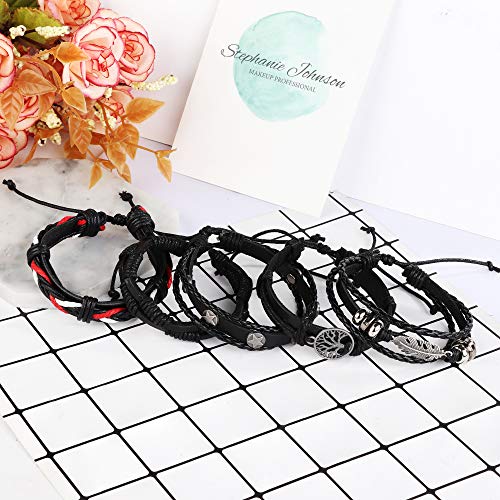 28Pcs Braided Leather Bracelet for Men Women Wooden Beaded Cuff Wrap