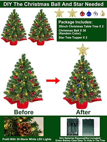 2 Pack 20 Inch Prelit Tabletop Christmas Tree w/ Lights & ornaments