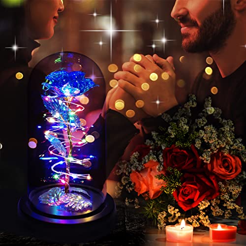 Rotating Romantic Roses Light Up Rose in Glass Dome, Spinning Colorful Artificial Rose Flower Gifts for Her