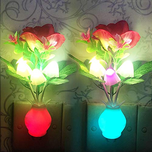 [2 Pack] Plug-in Flower LED Mushroom Night Light Lamp w/ Dusk to Dawn Sensor