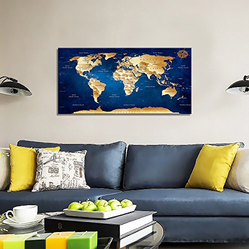 Wall Art Blue World Map Painting Ready to Hang -20" x 40"  Framed