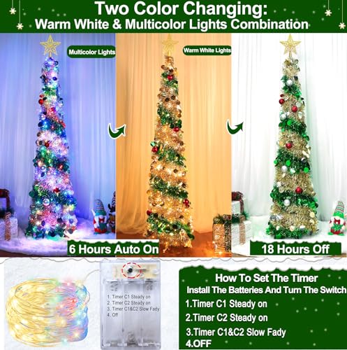 Dual Color Change Lights & Timer - 5 Ft Tinsel Christmas Tree Ball Ornaments Star Pop up Christmas Tree Battery