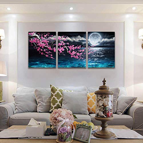 Framed 3 Pieces Plum Blossom Moon Ocean Wall Canvas Art  Size 12x16 Each Panel