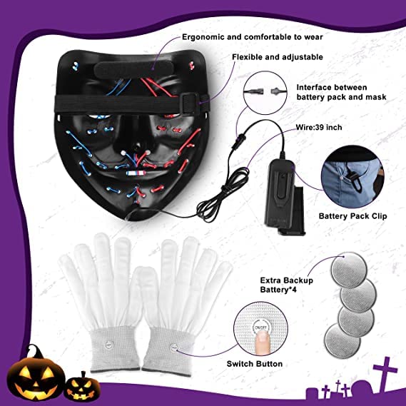 Halloween Mask Skeleton Gloves Set, 3 Modes Light Up Scary LED Mask with LED Glow Gloosture