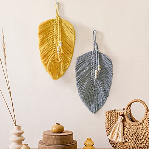 Cotton Macrame Feather Leaf w/  Wooden Beads Wall Decoration