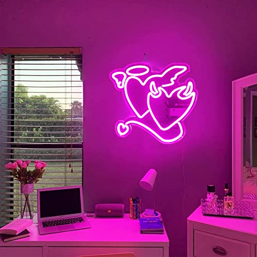 Pink Neon Sign  Heart Angel Demon for Wall Decoration