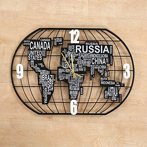 Large Metal Wall Clock w/ MDF World Map Decoration, Silent Movement w/ DIY LED Light Strip & Postcard