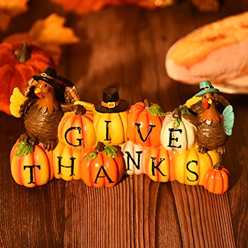 Thanksgiving Hand-Painted Give Thanks Pumpkin & Turkey, Resin Figurine Turkey Harvest Decorations