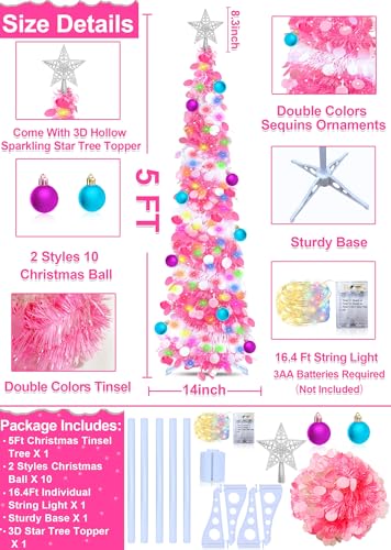 Dual Color Change Lights & Timer - 5 Ft Tinsel Christmas Tree Ball Ornaments Star Pop up Christmas Tree Battery