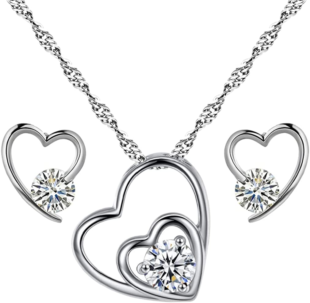 Shiny Fashion Crystal Rhinestone Love Heart Shape Pendent Necklace Stud Earrings