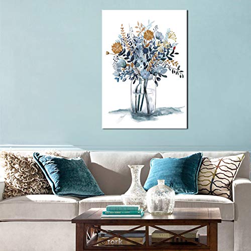 Indigo Flowers Watercolor Canvas Wall Art Decor Framed Ready to Hang