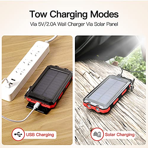 Portable Solar Power Bank for Cell Phone, Dual 5V/2.1A USB Ports Output, 2 Led Flashlight, Perfect for Outdoor Activities