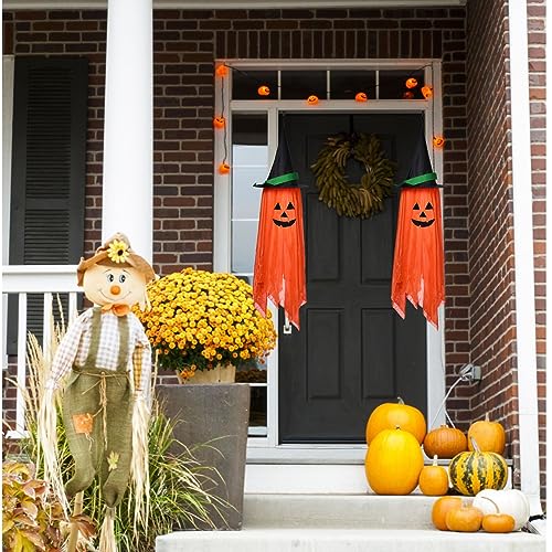 2PCS Halloween Decorations Single Pre-Installed Orange Pumpkin Wizard Hat Halloween Decor