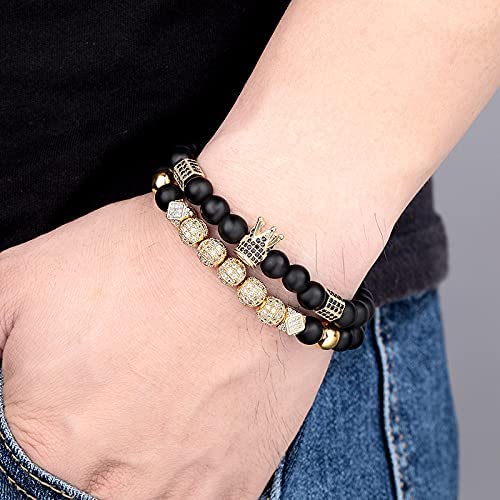 4Pcs 8mm Crown King Charm Beads Bracelet Natural Black Matte Onyx Stone Beads Elastic Adjustable