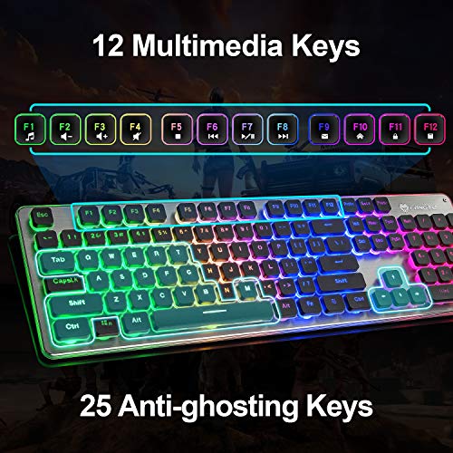 Quite Gaming Keyboard, Colorful LED Backlit USB Wired 25 Keys Anti-ghosting Computer Keyboard 104 Keys