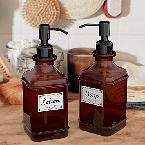 2 Pack Dispensers w/18 Oz Antique Design Thick Amber Glass Bottle,Rust Proof Stainless Pump w/ 6 Stickers