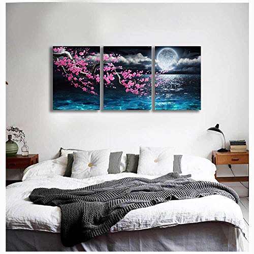 Framed 3 Pieces Plum Blossom Moon Ocean Wall Canvas Art  Size 12x16 Each Panel