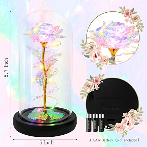 Rotating Romantic Roses Light Up Rose in Glass Dome, Spinning Colorful Artificial Rose Flower Gifts for Her