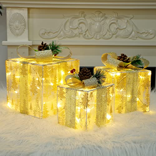 Twinkle Star Set of 3 Christmas Lighted Pop Up Gift Boxes Decorations, Tinsel Present Box, Pre-lit 60 LED Light