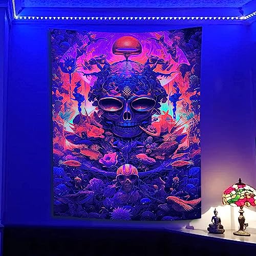 Blacklight Tapestry Sugar Skull  Halloween  UV Reactive Trippy Neon Tapestries Glow in the Dark Party Backdrop,