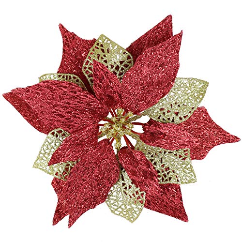 12Pcs Poinsettia Flowers Glitter Christmas Ornaments