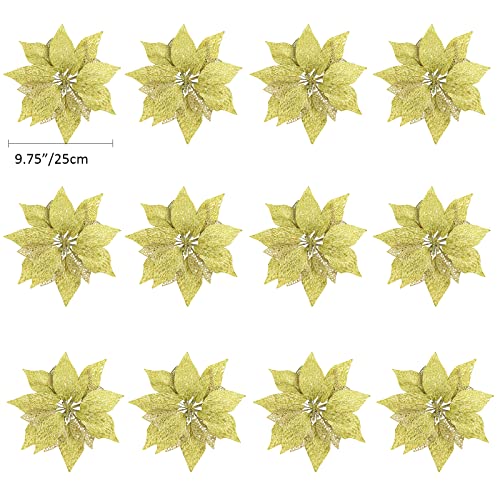 12Pcs Poinsettia Flowers Glitter Christmas Ornaments