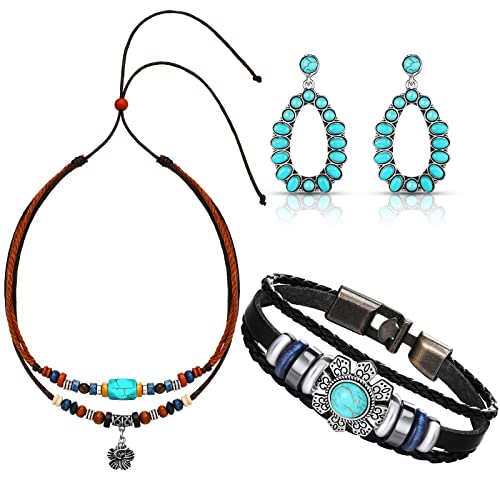 Women Bohemian Necklace, Braided Leather Wristbands Bracelets & Earring Set