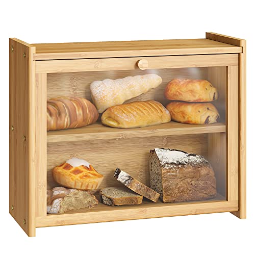 Large Bamboo Bread Box For Kitchen Counter -Double Layer