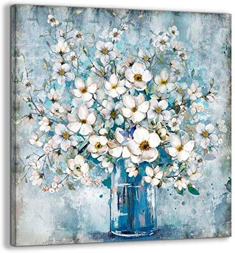 White Flower in Blue Bottle  Wall Art Canvass