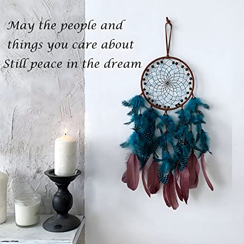 Dream Catcher Boho Sun Dream Catcher Peacock Green Feathers with Handmade Pearl and Wooden Beads,