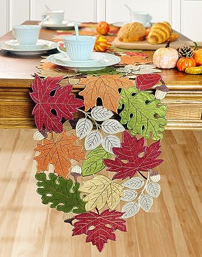 Fall Table Runner 54inches Long, Thanksgiving Harvest Cutwork Embroidered Table Runner 13in x 54in, Autumn Maple Leaves Table Decoration for Home Dining Kitchen Table