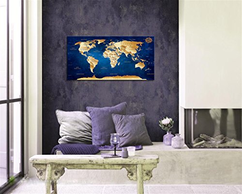 Wall Art Blue World Map Painting Ready to Hang -20" x 40"  Framed