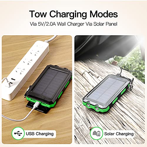 Portable Solar Power Bank for Cell Phone, Dual 5V/2.1A USB Ports Output, 2 Led Flashlight, Perfect for Outdoor Activities