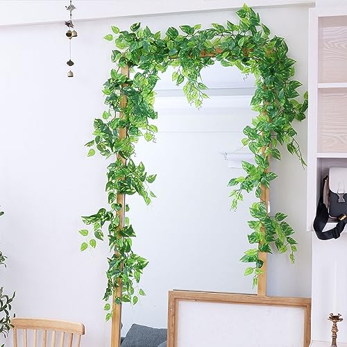 2 Strands Artificial Vines Scindapsus Garland 6FT Real Touch Fake Vine with Silk Green Leaves Faux Hanging Plants