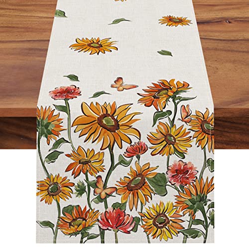 Fall Sunflower Table Runner, Autumn Floral Flower Butterfly Farmhouse Kitchen Dining Table Decor,