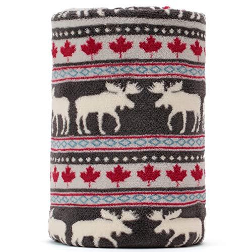 Coral Fleece Xmas Moose Maple Leaf Pattern Grey Background Soft Lightweight Throw Blanket 250GSM 50 x 60