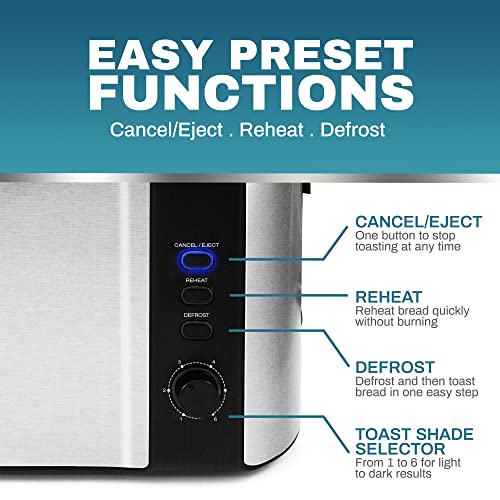 4 Slice Long Slot Toaster, Reheat, 6 Toast Settings, Defrost, Cancel Functions