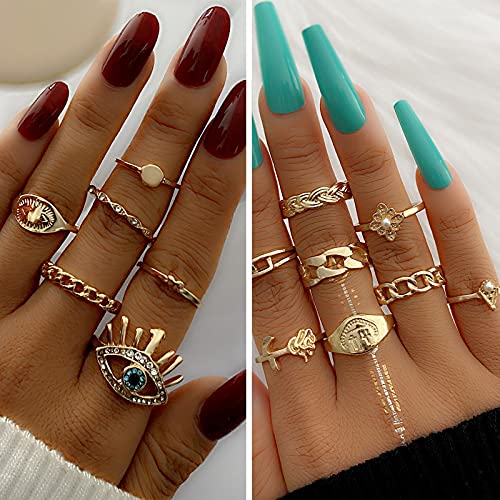 36 PCS Gold Plated Jewelry Set w/ 4 PCS Necklace, 11 PCS Bracelet, 7 PCS Ear Cuffs Earring, 14 Pcs Knuckle Rings for Women