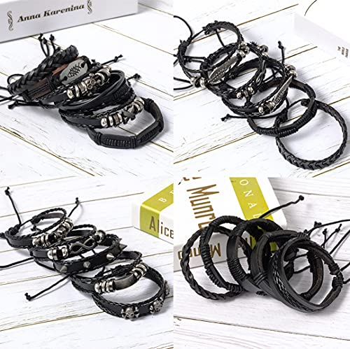 6 Packs Mens Punk Black Leather Bracelets