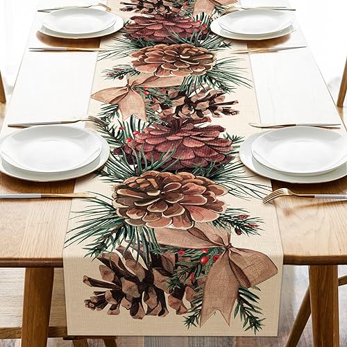 Winter Pine Cone Table Runner, Pine Needle Branch Red Berry Bow Farmhouse Kitchen Dining Table Decor,