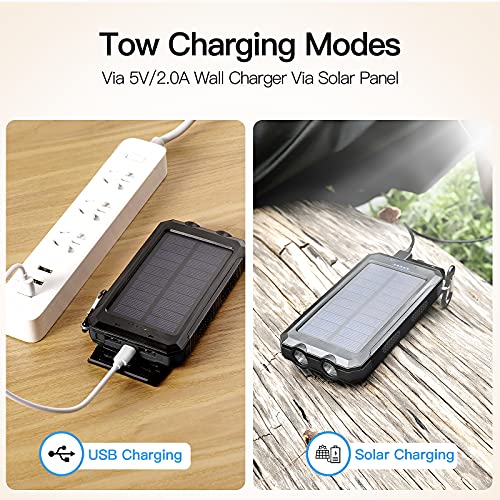 Portable Solar Power Bank for Cell Phone, Dual 5V/2.1A USB Ports Output, 2 Led Flashlight, Perfect for Outdoor Activities