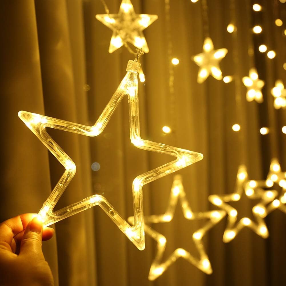 12 Stars Curtain Christmas Lights - 138 LED Christmas Window Lights - 8 Mode Indoor LED Christmas Waterfall Lights Hanging Backdrop for Bedroom Wedding Party Wall Decoration, Warm White